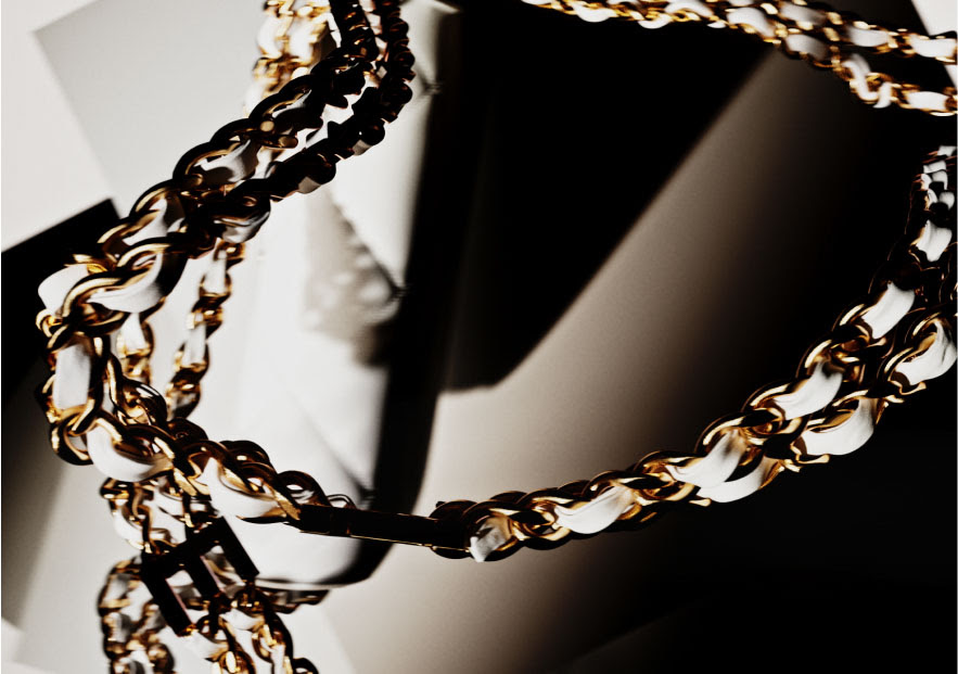 coco chanel abstract creative cgi closeup of gold metal chain on luxury brand bag