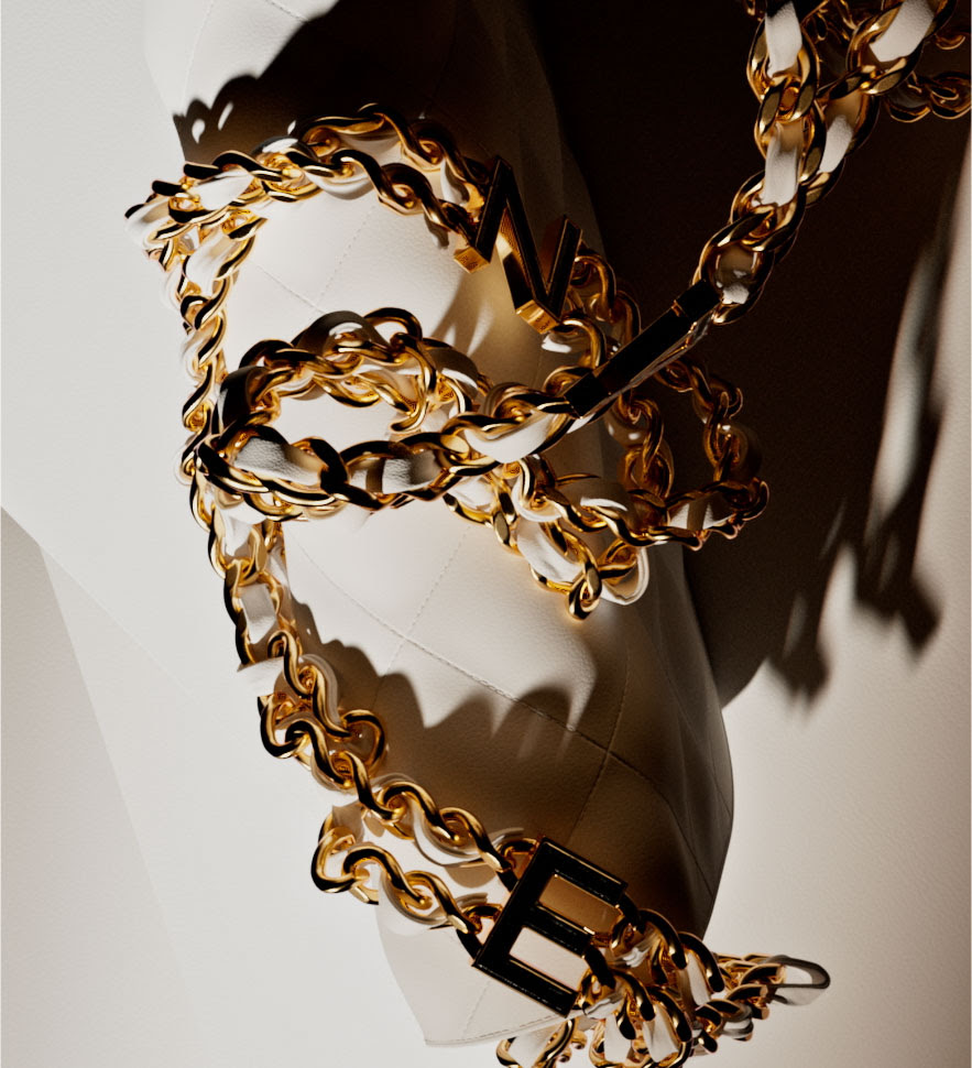 coco chanel cgi animation still frame of bag with simulated gold chain