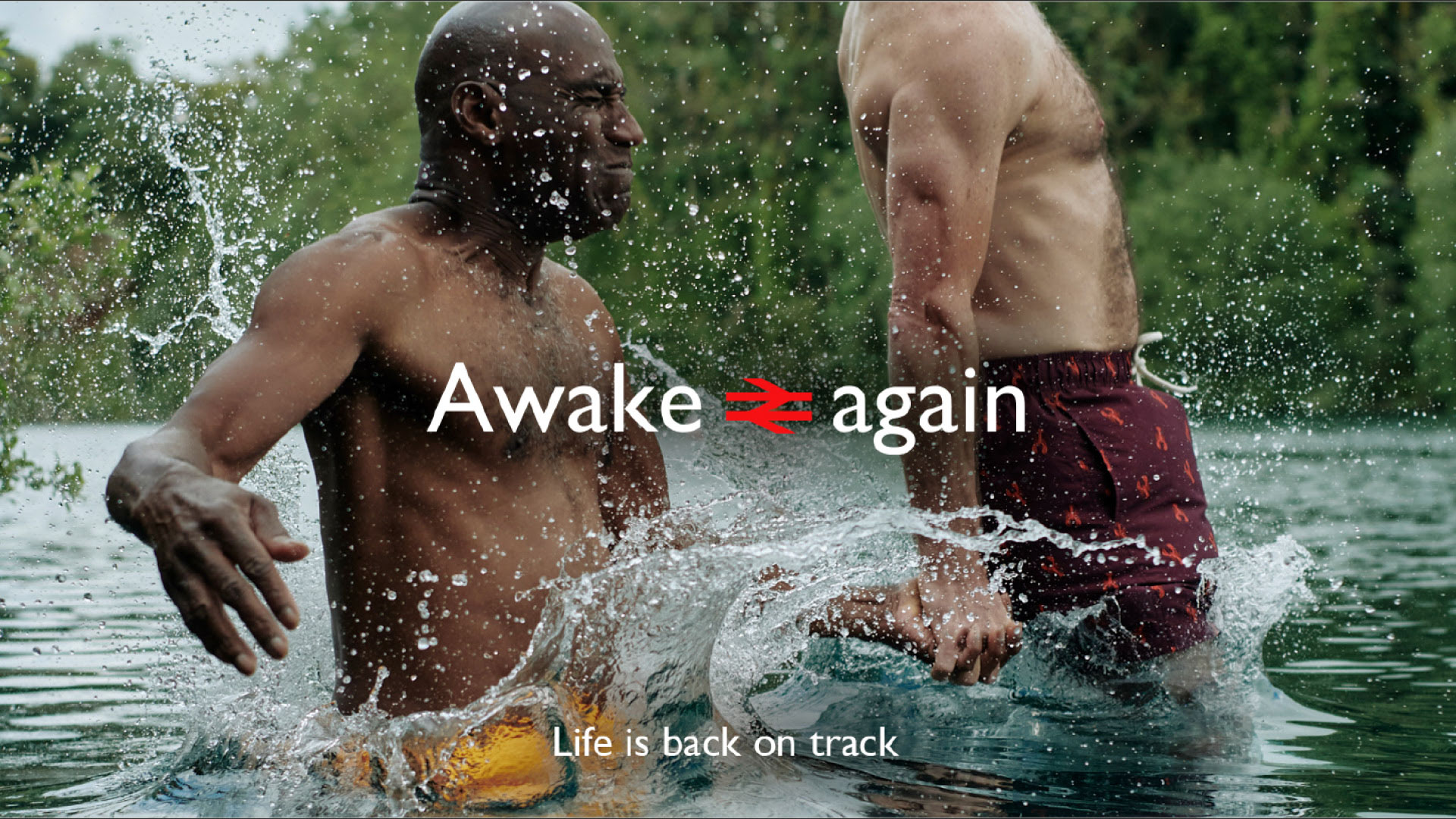 national rail retouching photoshoot of guys having fun swimming