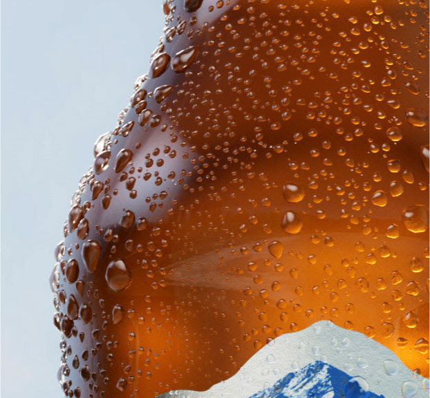 coors cgi beer bottle with water droplets and ice